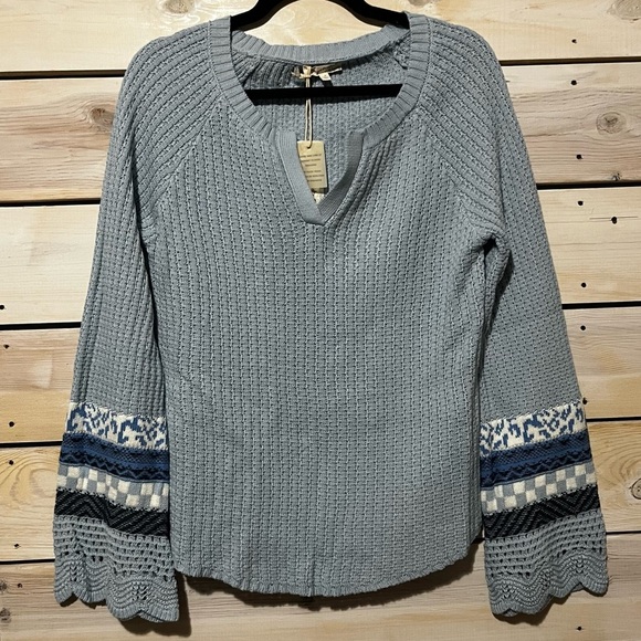 Mystree Mixed Media Henley Light Blue Knit Sweater Medium - Picture 6 of 7